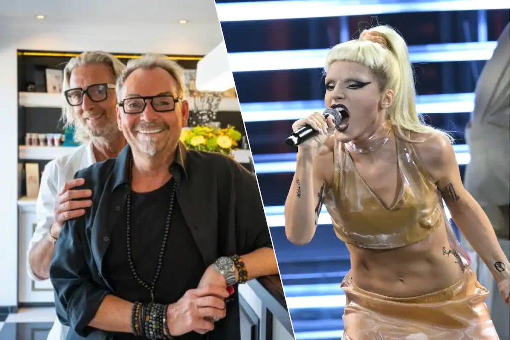 Links: Steff Vranckx (vooraan) met zijn partner Dirk in hun zaak. Rechts: Lady Gaga. Steff wil haar graag eens een nieuwe coupe geven.